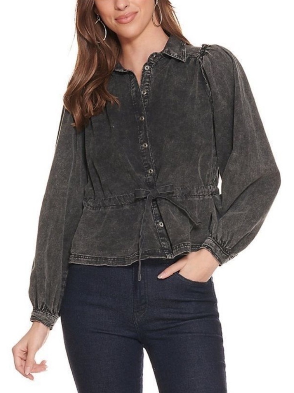 HYFVE Black Wash Denim Cinched Waist Shacket puff shoulder tie front large
